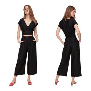 Aritzia Wilfred Black Brax Linen Blend Wrap Jumpsuit Size 6 Bow Wide Leg Cut Out